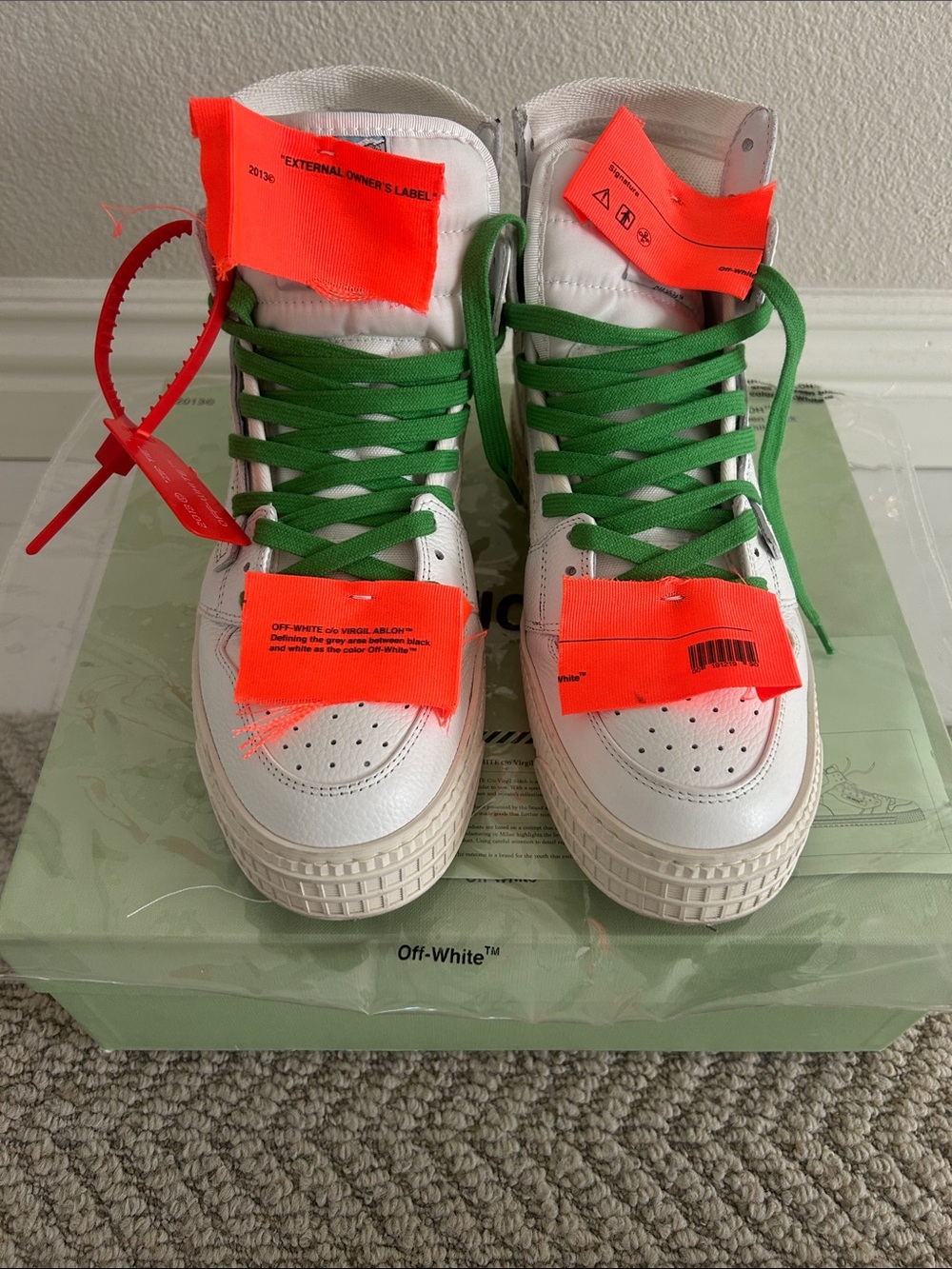 Off-White White High-Top Sneakers with Neon Orange Tabs and Green Laces